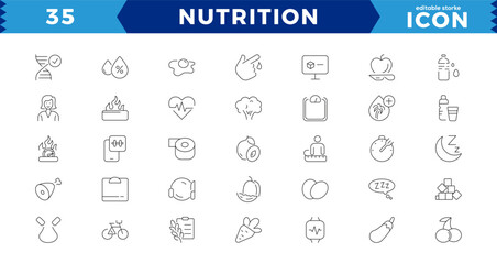 Nutrition and healthy eating icon pack. Collection of thin line icons that support digital navigationNutrition and healthy eating icon pack.Contains such Icons as Metabolism