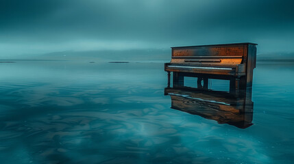   A piano submerged in a murky sky's center, surrounded by billowing clouds