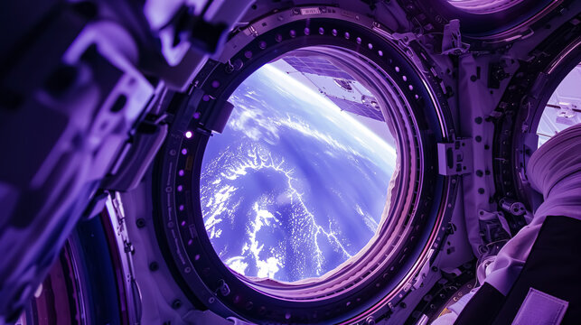 Astronaut inside the space station, view from the window.