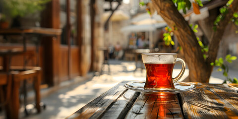 A cup of black Turkish tea on a street cafe table. Concept template banner for advertising drinks, tea, fresh raw materials, and traditional drinks of Turkey with copyspace