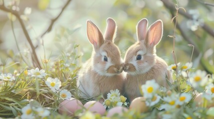 Two rabbits sitting together in a colorful field. Suitable for nature and wildlife themes