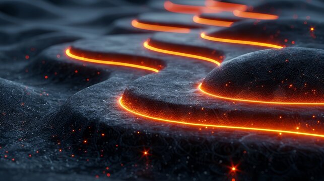   A close-up image of a computer keyboard features glowing orange lines on both sides