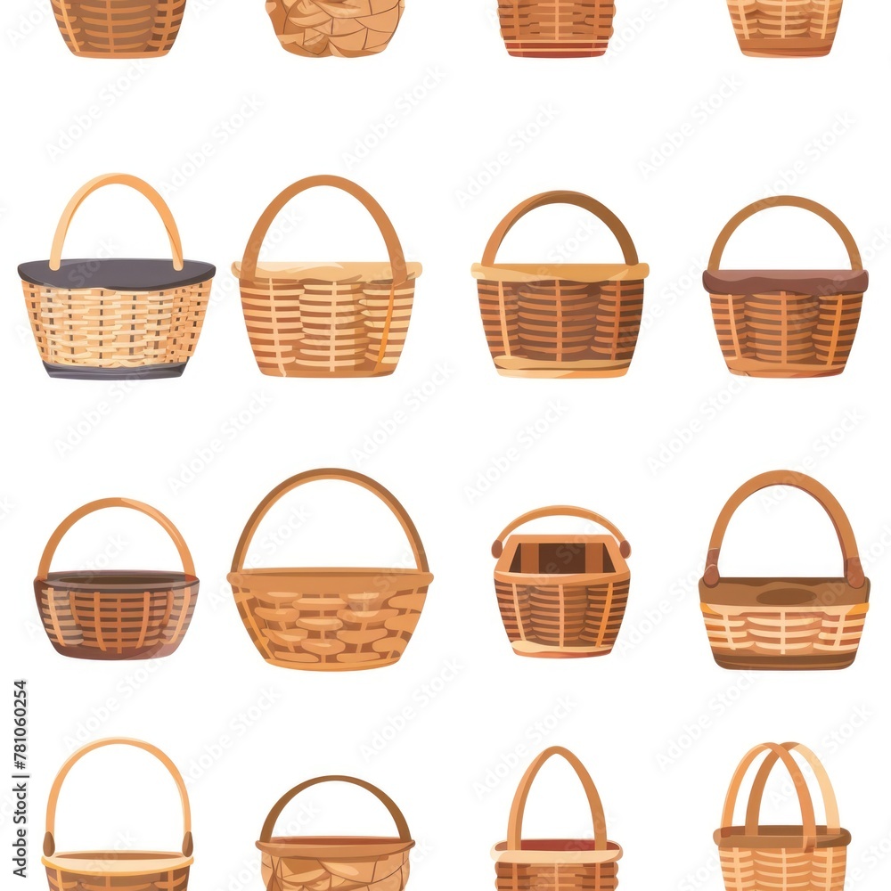 Poster a collection of wicker baskets on a white background. ideal for home decor and storage solutions