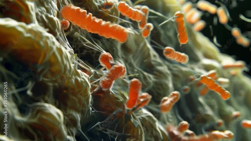 Poster under high magnification individual bacterial cells are seen to be engaged in various tasks such as 