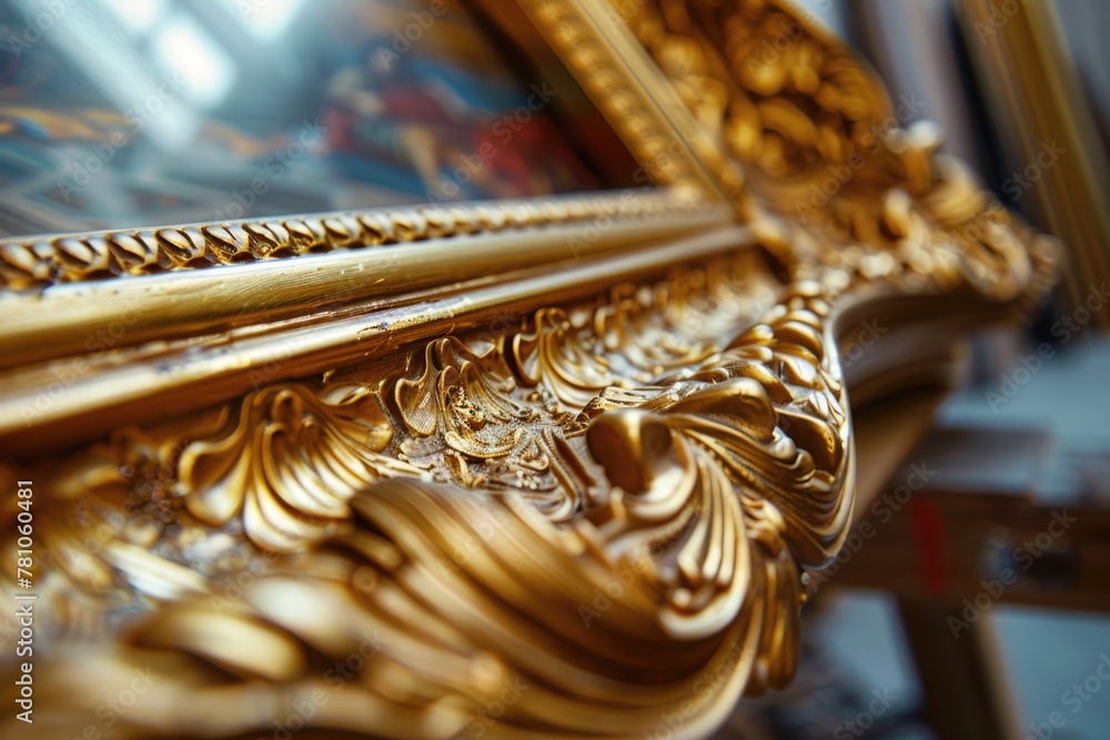 Poster a luxurious gold frame with a mirror in the background. ideal for interior design concepts