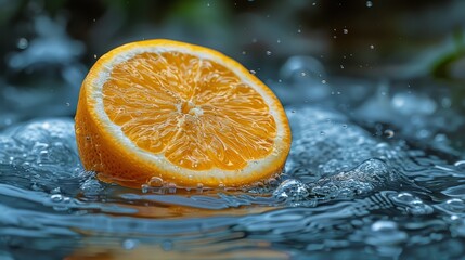   An orange cut in two sits atop a body of water with droplets sprinkling on top