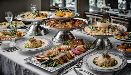 exquisitely arranged buffet table showcasing an array of international cuisines