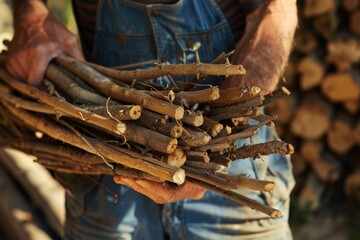 Close up shot of a person holding a bunch of sticks, great for nature or outdoor themed designs - Powered by Adobe