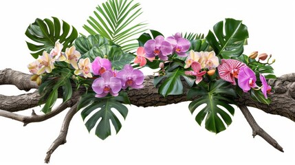 Tropical vibes plant bush floral arrangement with tropical leaves Monstera and fern and Vanda orchids tropical flower decor on tree branch liana vine plant isolated on white background.