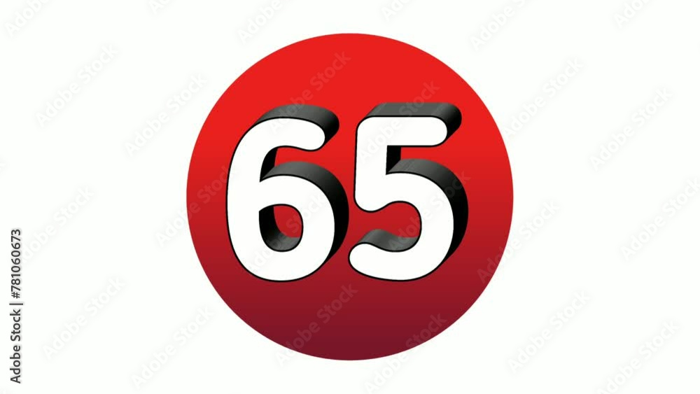 Poster 3d number 65 sixty five sign symbol animation motion graphics icon on red sphere on white background