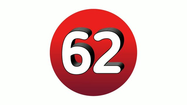 3D Number 62 sixty two sign symbol animation motion graphics icon on red sphere on white background,cartoon video number for video elements