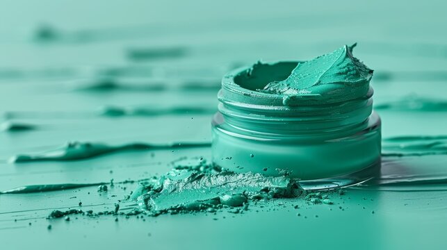   A photo of a jar of green face paint with a spoon inside, placed on a table