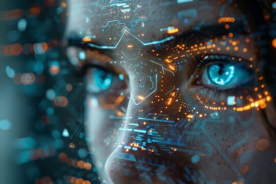 Showcases futuristic AI interfaces integrated within sustainable tech systems, woman's face with digital circuitry overlay, intense blue eyes reflecting data, evoking themes of human-tech fusion.