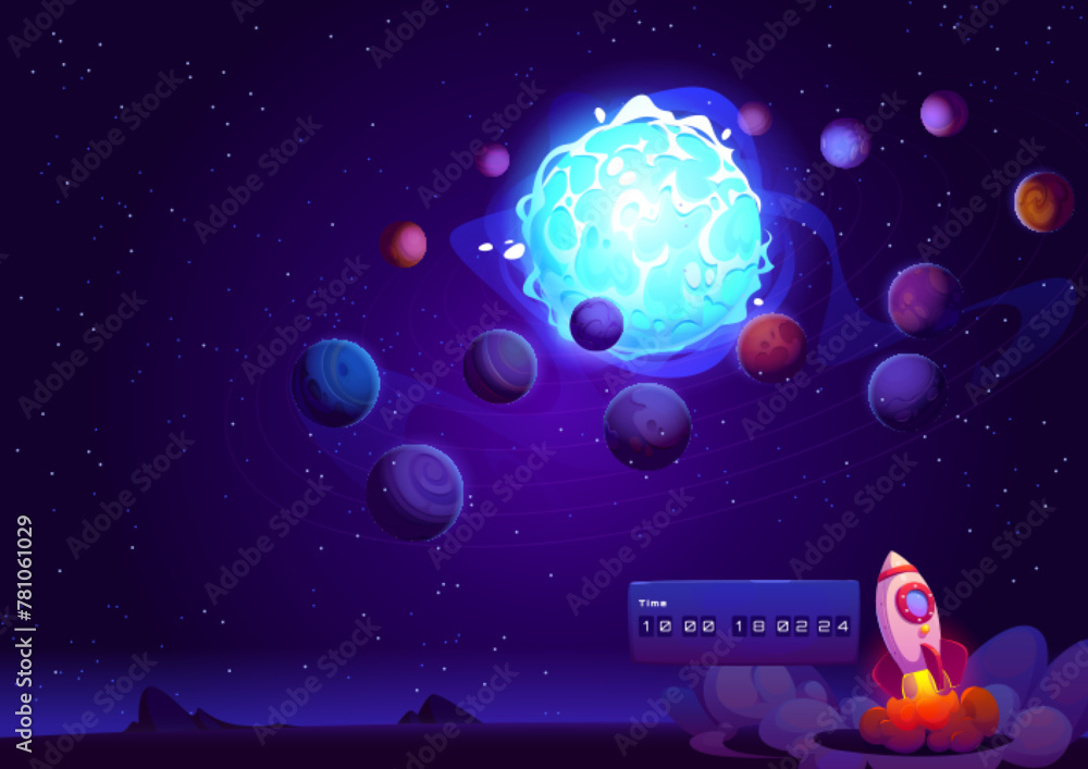 Poster rocket launch in space. spaceship on planet cartoon vector. galaxy ship speed start with fire and sm