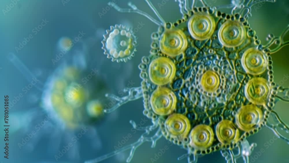 Poster a closeup view of a single cyanobacteria cell showing its intricate spiralshaped structure. the cell