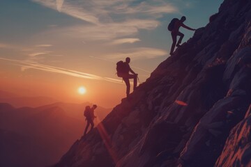 Landscape photo of three people teamwork friendship climbing the mountain, help each other trust assistance, silhouette in mountains, sunrise, gradient sky, captivating lighting