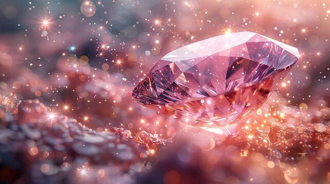    a pink diamond on a focused surface with glimmers and distant cosmos in the backdrop