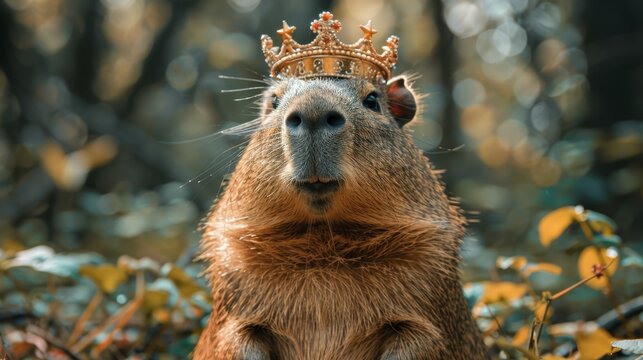   A close-up image of a rodent wearing a crown and standing amidst a field of leaves