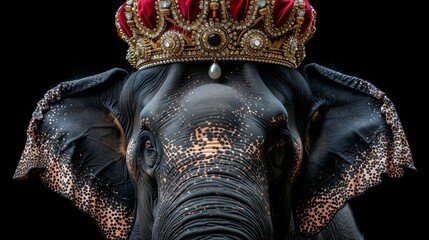   An elephant wearing a crown on its head, with the image captured in close-up The crown is made from red velvet fabric