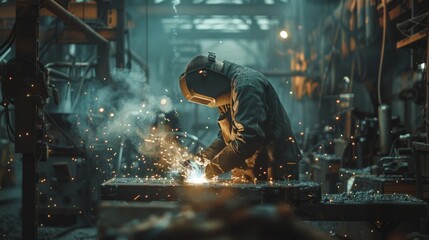 Welding in progress with a shower of sparks. Concentrated worker welding in a dimly lit workshop, surrounded by a shower of sparks and industrial ambiance - obrazy, fototapety, plakaty