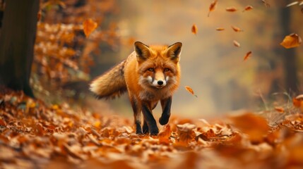Obraz premium Fox walking forest leaves