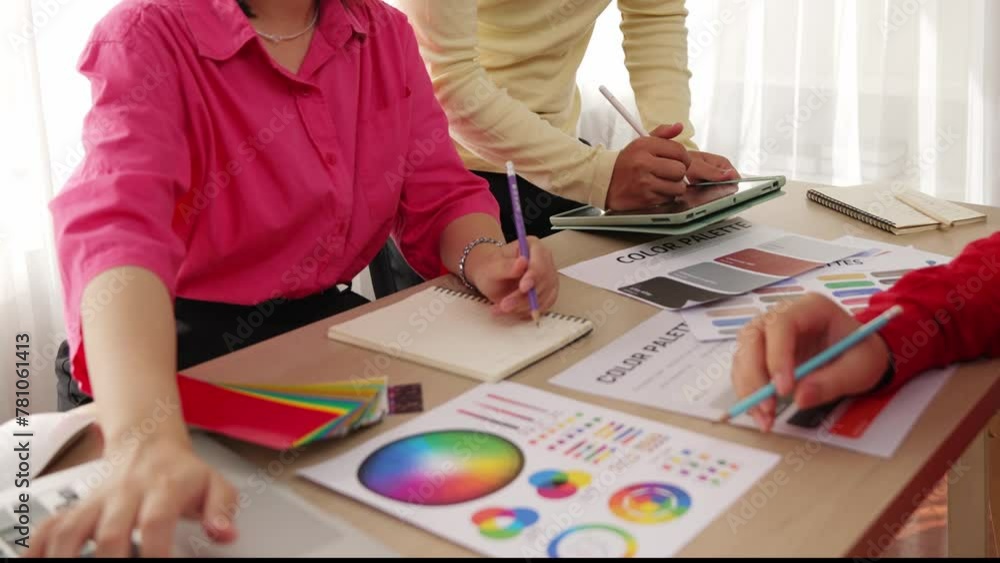 Aufkleber hand closeup of designer team brainstorming and choosing color for graphic design working or client 