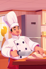 Male chef cooking in kitchen. Vector cartoon illustration of happy young man in white uniform cutting dough with knife on wooden table, professional cook working in bakery shop or pizza restaurant - obrazy, fototapety, plakaty