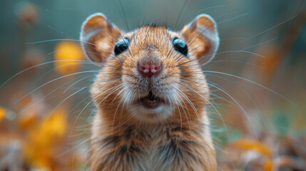   A macro image of a rat's face with its mouth agape and large, alert eyes - obrazy, fototapety, plakaty