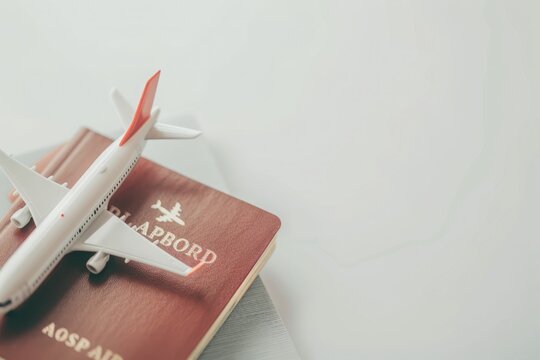Photo with focus on toy airplane on top of a passport and flight booking ticket, blank cover passport, minimalism photo