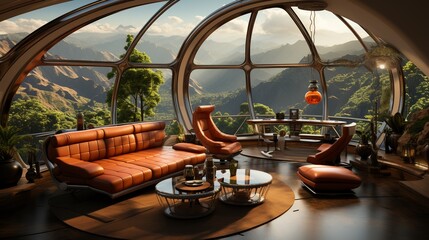 Retro-futuristic dome with a 360-degree view of the surrounding landscape - obrazy, fototapety, plakaty