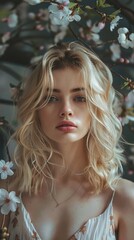 Fototapeta premium Portrait of woman in a floral environment. An alluring woman with blonde curls is framed by cherry blossoms, conveying a sense of romance and fresh beauty