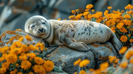   A grey seal rests atop a rock amidst yellow and orange flowers in a rocky terrain A solitary rock dominates the foreground