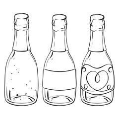 A monochromatic drawing featuring three bottles of champagne