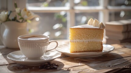   Cake on plate with coffee and vase of flowers