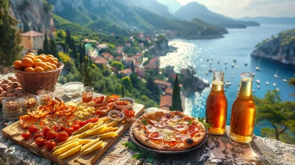 Foto op Plexiglas   A wooden table is topped with a tray of food beside a bottle of beer and a plate of food above it © Shanti