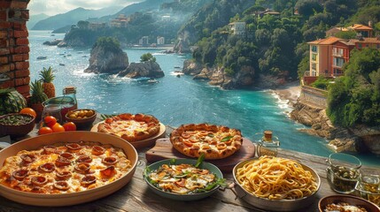   Wooden table overflowing with pizzas and bowls of pasta, waterfront view with buildings in background - obrazy, fototapety, plakaty