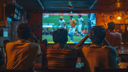 Indian people watching cricket on TV in a sports bar.