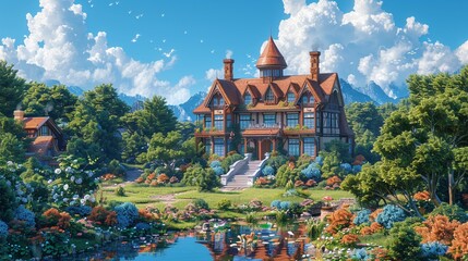 Cartoon Victorian mansion nestled in a whimsical garden