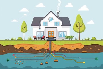 Obraz na płótnie Canvas playful illustration of a white house with a smoking chimney, simplistic trees, and underground water pipes, set against a clear day. illustration of geothermal heating system in a residential home,
