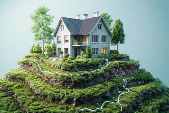 Isolated home on a floating landmass, surrounded by trees and greenery, white walking paths intertwine, suspended in a serene sky. illustration of a geothermal heating system in a residential home,