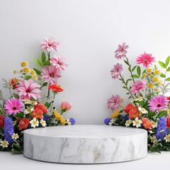empty podium for product display. flowers theme