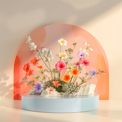 empty podium for product display. flowers theme