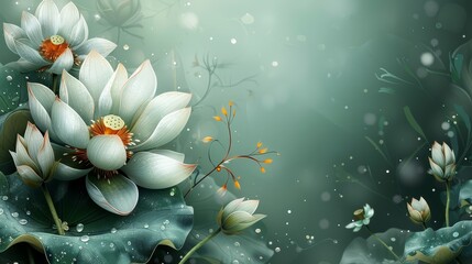   A painting depicts white flowers against a green background, with water droplets on flower petals