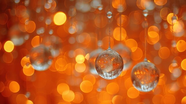   Three glass ornaments dangle on a string in front of a hazy backdrop featuring orange and white light circle patterns