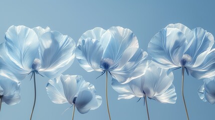   A cluster of blue blossoms in front of a cerulean backdrop, surrounded by a handful of white blooms in the focal point of the photograph