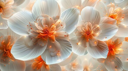   A close-up of a group of flowers with orange stamens centrally positioned between the petals and a yellow stamen in the center of the flower - obrazy, fototapety, plakaty