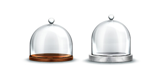 Wooden and marble stone stand for cake and pie with glass dome bell cover. Realistic 3d vector illustration set of sweet food display and safe storage. Empty plastic container on tray for pastries.