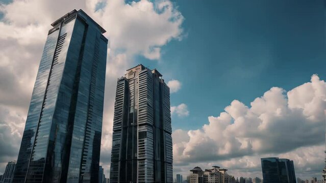 A city skyline with tall buildings and a cloudy sky, seen from the ground