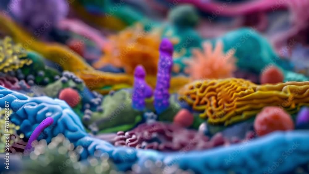 Poster a colorful composite image depicting the layers of bacteria within a biofilm showcasing the diversit