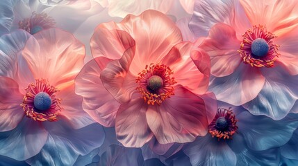   A collection of blue and pink blossoms on a white-blue canvas with a central magenta bloom encircled by tiny blue and pink petals - obrazy, fototapety, plakaty